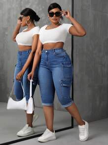 SHEIN SXY Pantalones capri de mezclilla con estiramiento de talla grande, versátiles