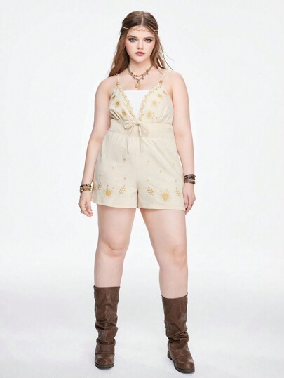 Fairycore Vintage Beach Holiday Moon & Star Embroidered Plus Size Jumpsuit