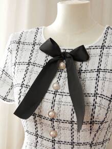 Vestido de línea A elegante y de moda con estampado de cuadros y cinturón apretado en la cintura con un lazo para mujer