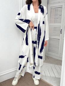 Mulvari Bộ áo len và quần có cổ in hình chổi chải rộng cho mùa xuân/hè - trắng - Xem 5