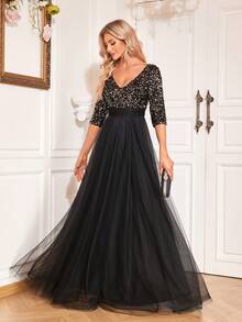 Đầm dạ hội XUIBOL dáng chữ A tay dài cổ chữ V sang trọng, phối sequin tương phản, viền lưới, thích hợp cho các buổi tiệc thanh lịch, tiệc cocktail tay dài, đầm dự tiệc cưới màu đen trang trọng, phù hợp cho lễ tốt nghiệp, tiệc gala và các dịp khác. - màu đen - Xem 8