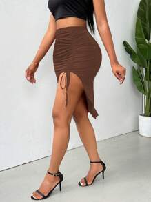 SHEIN Unity Women Solid Color Drawstring Split Thigh Skirt - Brown - View 7