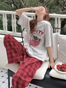 DAZY Conjunto de pijama con hombros caídos con gráficos de letras y caricaturas