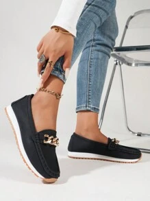 Mocasines negros de patrón de piel de Litchi para mujeres con decoración de cadena de diamantes, zapatos planos sin tacón para exteriores y comodidad, estilo versátil para la primavera/verano