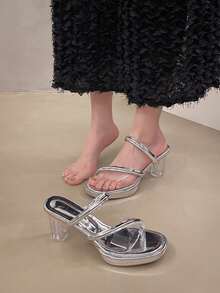 Women's Silver Round-Toe Open-Toe Big Size Sandals With Clear Straps And Slip-On High Heels - Silver - View 2