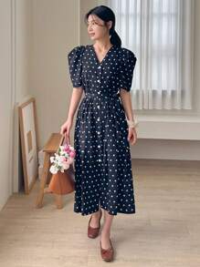 DAZY Polka Dot Puff Sleeve Button Front Dress,Ruffle - Black - View 5