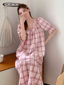 DAZY Plaid Print Ruffle Trim Puff Sleeve Nightdress, Pajama, Moo Moo - Pink - View 9