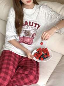 DAZY Conjunto de pijama con hombros caídos con gráficos de letras y caricaturas