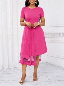 SHEIN Lady Vestido casual de mujer de tul rosa con contraste, vestido casual para oficina y fiesta