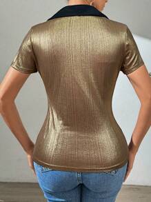 SHEIN Clasi Women's Short Sleeve T-Shirt With Gold-Stamped Flat Collar And Color-Contrasting Splicing - Gold - View 2