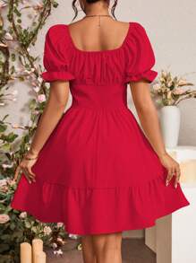 Rafferiza Summer Tie Front Ruffle Hem Puff Sleeve Dress For New Year Clothes - Red - View 2
