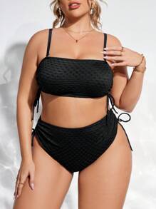 Plus Size Bãi biển mùa hè Dây đeo màu trơn có dây rút ở cả hai bên Bộ bikini hai mảnh đi biển ngày lễ - màu đen - Xem 5
