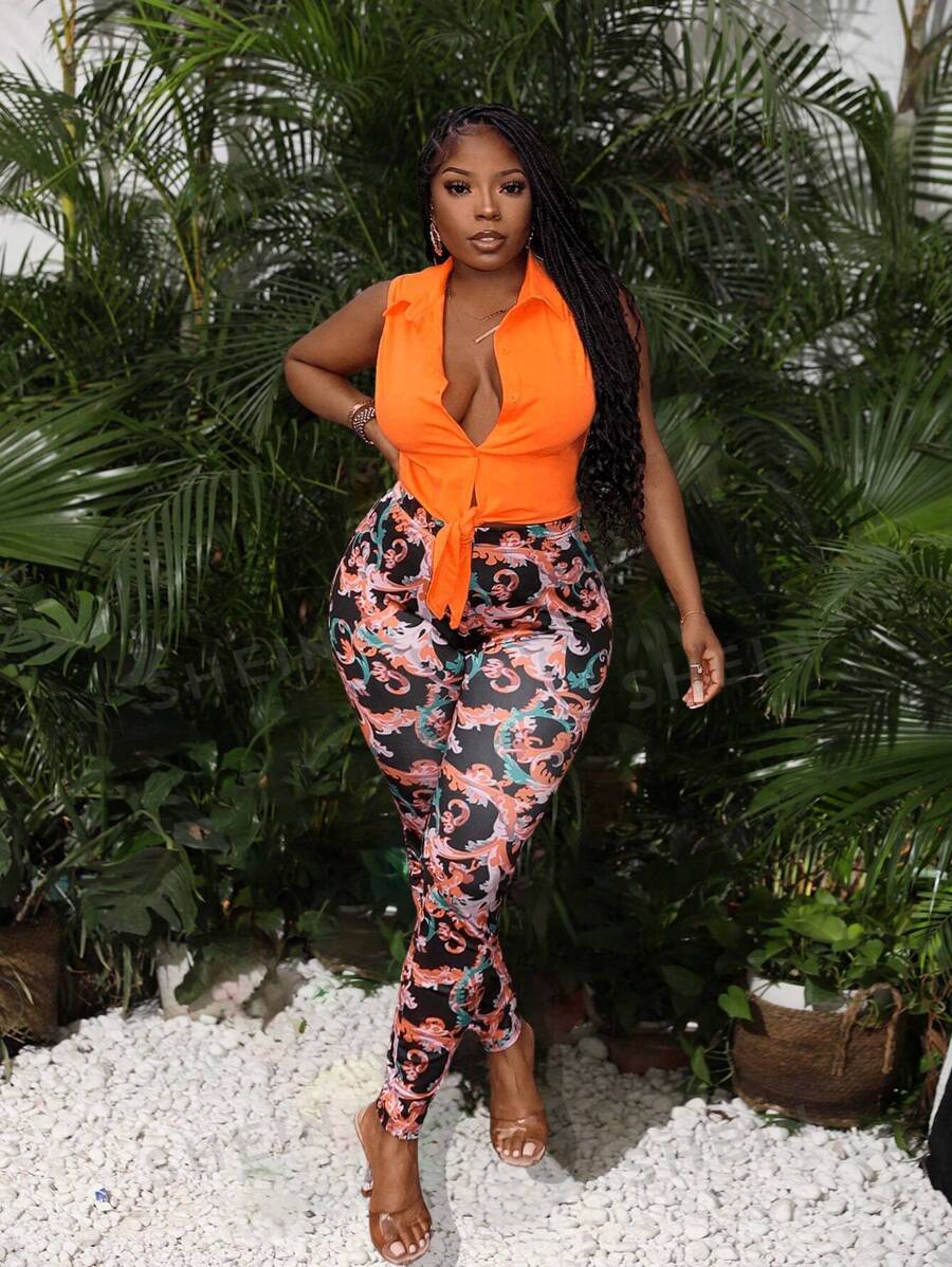 Slaydiva juego de dos piezas para mujeres 'top naranja sin mangas con cuello solapa y pantalones florales coloridos ajustados con correas para vacaciones casuales de verano -F