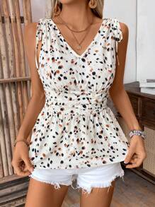 SHEIN LUNE Women's Leisure Vacation Floral Printed Waist Pleated Drawstring Design Tank Top