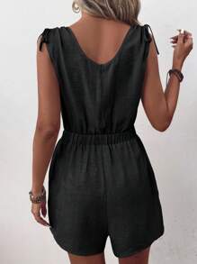 EMERY ROSE Solid Button Front Knot Shoulder Romper - Black - View 2