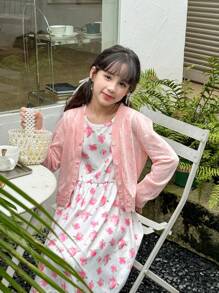 SHEIN Tween Girls  Floral Print Cami Dress & Solid Button Front Trench Coat - Pink - View 6