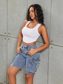 Y2K Street High Waist Flap Pocket Tape Detail Work Cargo Denim Bermuda Wide Leg Jean Shorts Summer Comfy Jorts - 藍色 - 查看 7