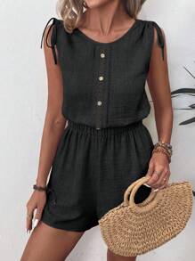 EMERY ROSE Solid Button Front Knot Shoulder Romper - Black - View 5
