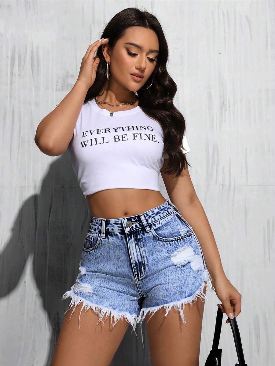 SHEIN Tall Quần Short Denim thường ngày Snow Wash (viền sờn) có túi dành cho nữ - Màu xanh lam - Xem 1