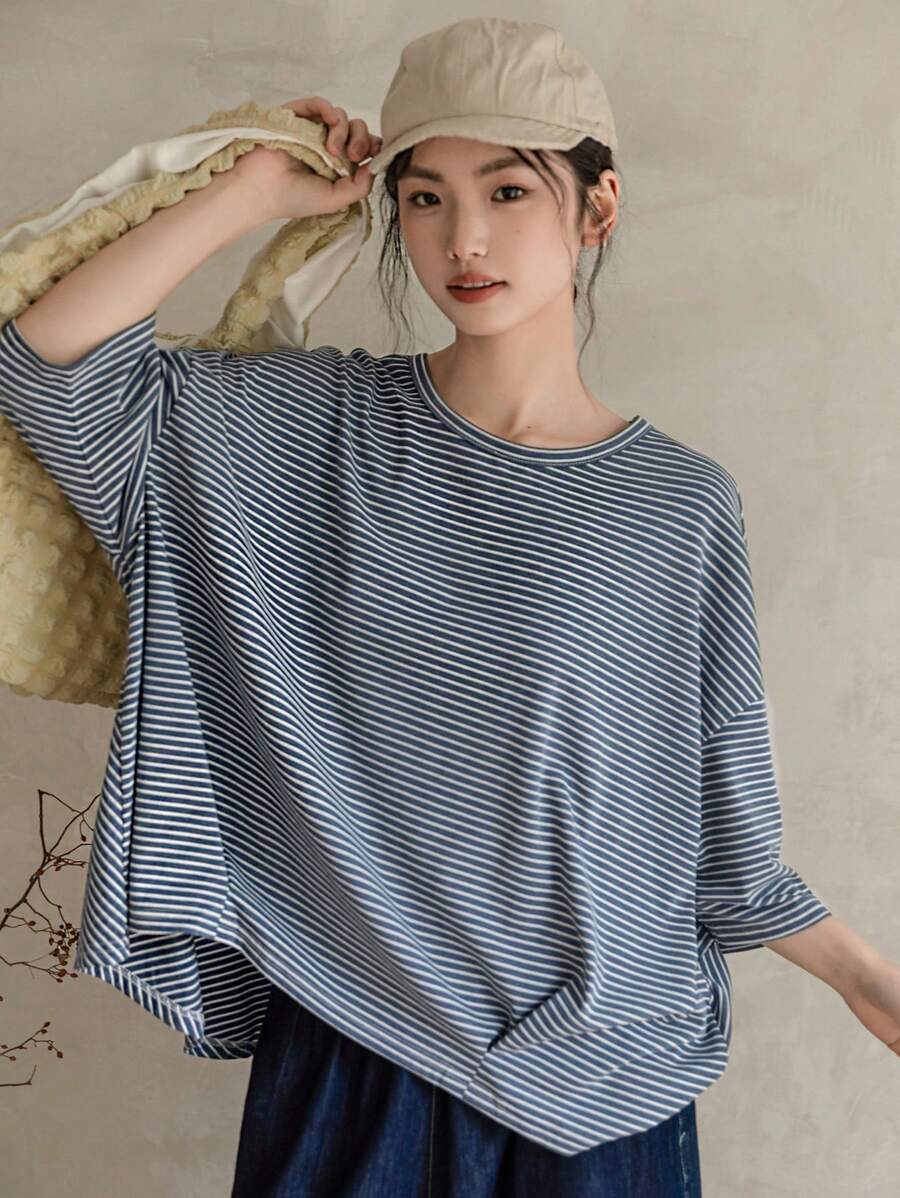 FRIFUL Áo thun ngắn tay sọc ngang cổ tròn trễ vai dành cho nữ, Xuân/Hè - Màu xanh lam - Xem 1