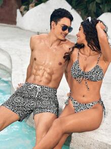 Manfinity VDAYZ Men Floral Print Drawstring Waist Swim Trunks - Black - View 1