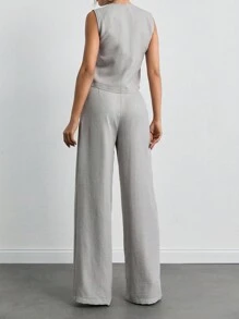 SHEIN Tall 高挑女性實色鈕扣衣襟背心上衣和寬腳長褲組合 - 灰色 - 查看 2