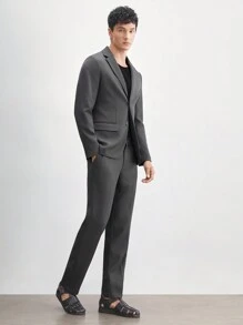 AKNOTIC Business Casual 2pcs Men's Casual Slim Fit Woven Suit Set, Including Long Sleeve Suit Jacket And Mid-Waist Slim Fit Trousers. Ideal For Daily Wear In Spring And Summer.