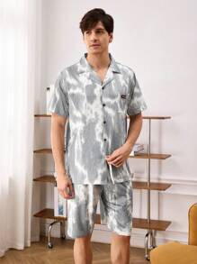 男士簡約日常短袖和短褲家居服套裝 - 灰色 - 查看 4
