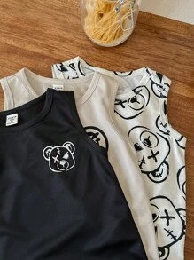 SHEIN 3pcs Young Boy Cute Cartoon Bear Pattern Round Neck Lightweight Comfortable Top, Multipack - Multicolor - View 4