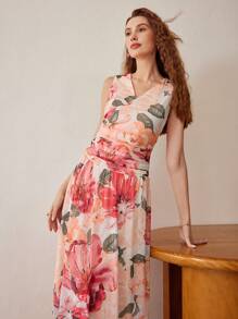 MOTF PREMIUM FLORAL PRINT V-NECK RUCHED WAIST DRESS - Multicolor - View 5