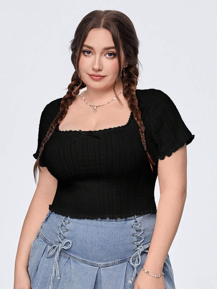 SHEIN MOD Plus Size Solid Color Square Neckline Lace Trim Jacquard Slim Fit T-Shirt - Black - View 1