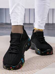 Women's Outdoor Low-Cut Thick-Soled Elevator Breathable Fashionable Spring/Summer/Autumn Casual Sock Shoes Sneakers - Black - View 6