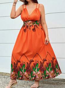 SHEIN VCAY Vestido de talla grande sin mangas con estampado floral, pliegues en el pecho y tirantes anchos - Naranja - Ver 5