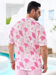 Manfinity VCAY Woven Casual Men's Fashionable Short Sleeve Shirt And Shorts Set, Loose Fit, Palm Leaf Pattern, Suitable For Daily Wear, Vacation, And Leisure