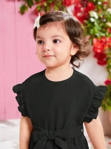 SHEIN Baby Girl Casual Summer Belted Solid Color Drop Shoulder Ruffle Asymmetrical Hem Dress - Black - View 4