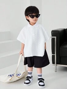 SHEIN 1 Stück Casaul Kleine Junge Polo Shirt In Akademie Stil. Einfach, Praktisch, All-match, Weich, Bequem, Locker, Struktur-stoff, Atmungsaktiv, Geeignet Für Frühling Und Sommer - Weiss - Übersicht 2