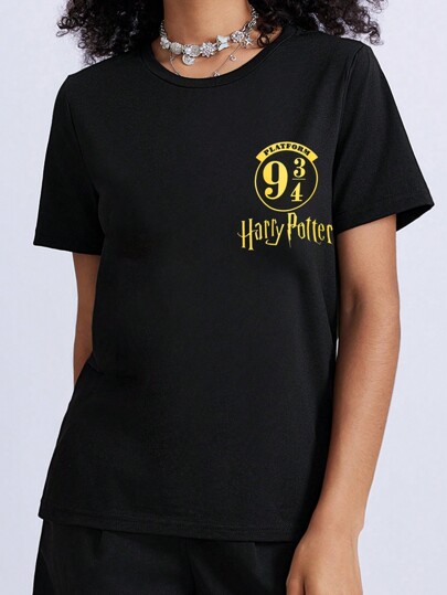 HARRY POTTER X SHEIN Casual Black Fitted Crew Neck Short Sleeve Classic Nine And Three Quarters Logo Gold Print Women's T-Shirt, Perfect For Summer Suitable For Going Out