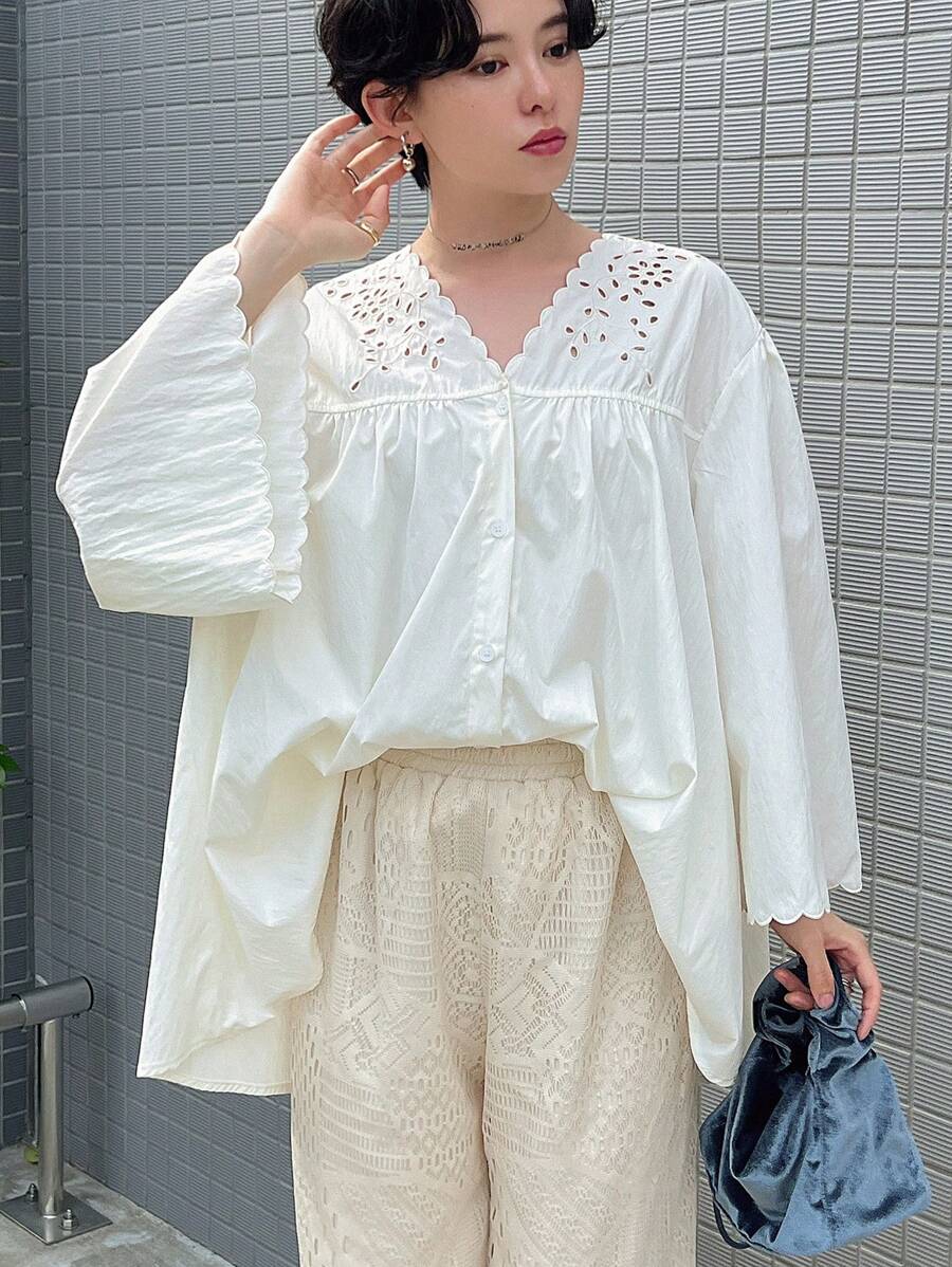 FRIFUL V Neck Contrast Lace Long Sleeve Blouse - White - View 1