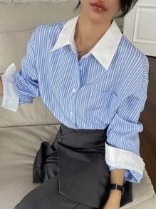 DAZY 女士条纹印花落肩衬衫长袖上衣 - 藍色 - 查看 6