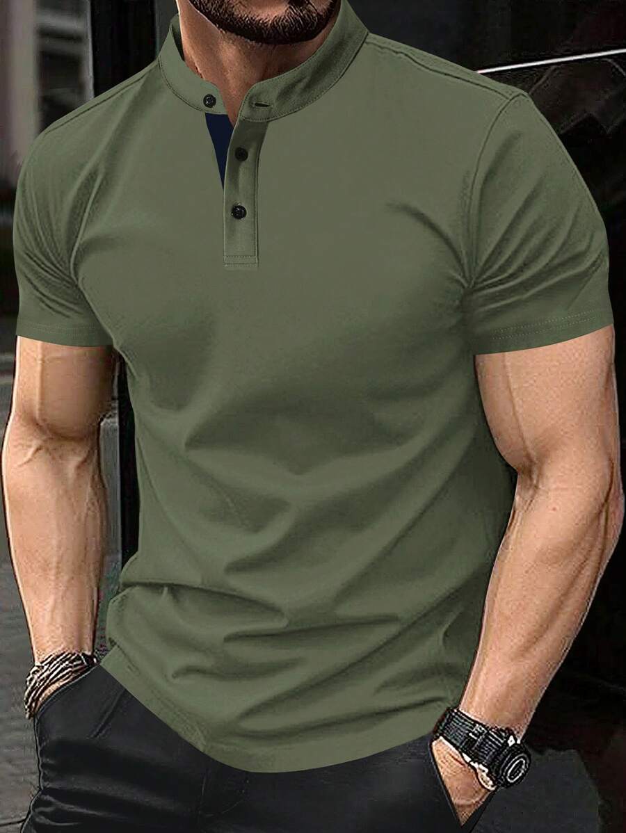 Manfinity Homme Men's Solid Color Short Sleeve Casual Work Polo Shirt, Summer - Army Green - View 1