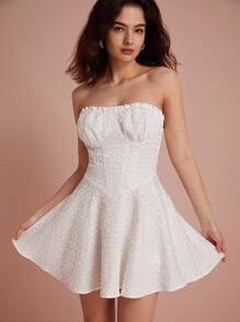 Chiquease Strapless Solid Color Ribbed Texture Bodycon Dress With Padded Cups - White - View 2