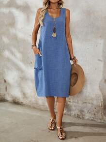 EMERY ROSE Solid Color Button Pocket Women's Casual Sleeveless Summer Daily Dress - Blue - View 5