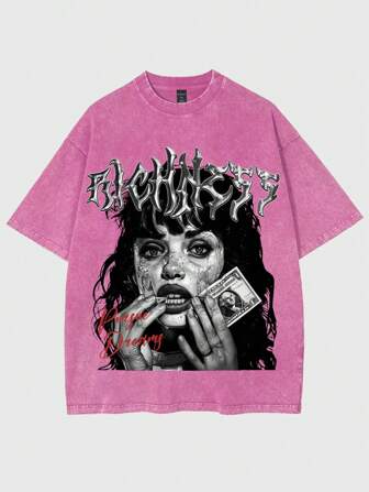 Street Life Camiseta retro de hombre lavada y desgastada con estampado de retrato, para verano, escuela