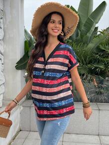 SHEIN Maternity Women's V-Neck Single Button Striped Printed Short Sleeve T-Shirt, Summer