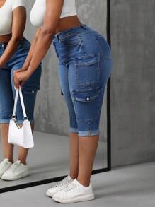 SHEIN SXY Pantalones capri de mezclilla con estiramiento de talla grande, versátiles