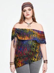ROMWE Hippie Vintage Tie Dye Tie-Dye Hem bất đối xứng cộng với kích thước áo thun lệch vai có cắt tua rua - Nhiều màu - Xem 7