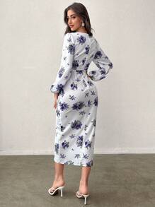 Modelyn Đầm Maxi Xẻ Đùi Họa Tiết Hoa Tay Lồng Đèn Trang Phục Nữ - Màu xanh lam - Xem 2