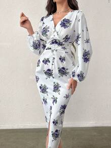 Modelyn Đầm Maxi Xẻ Đùi Họa Tiết Hoa Tay Lồng Đèn Trang Phục Nữ - Màu xanh lam - Xem 4