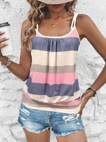 SHEIN LUNE Holiday Casual Color Block Striped Camisole Graphic Tees Women Tops