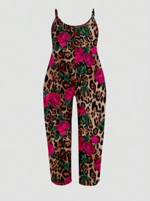 Slaydiva Plus Size Printed Jumpsuit, Summer Suitable For Going Out Leopard Print